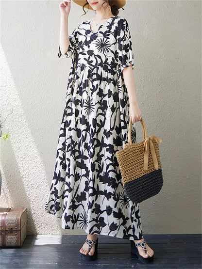 Plus Size Ethno-Kleid mit V-Ausschnitt und Blumenmuster für Damen