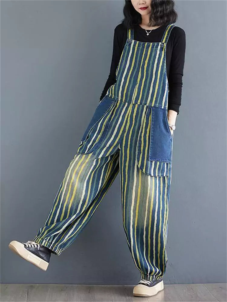 Mono vaquero vintage a rayas de talla grande: corte holgado y estilo informal adelgazante.