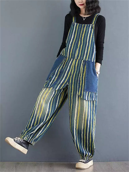 Plus Size Vintage Striped Denim Jumpsuit – Loose Fit & Slimming Casual Style