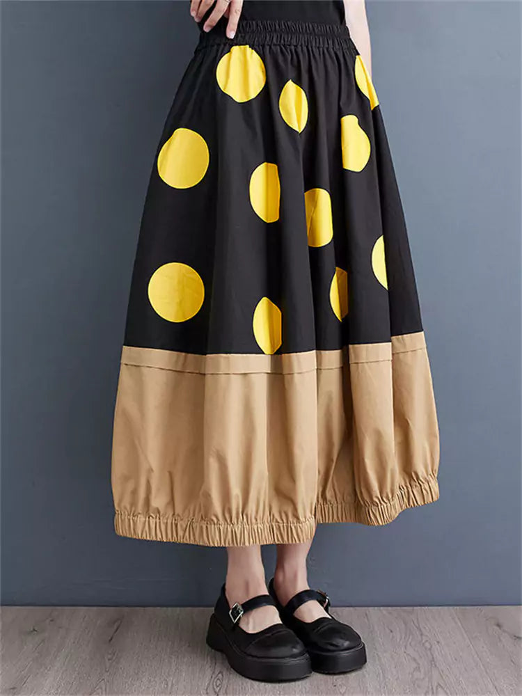Falda holgada con estampado de lunares amarillos únicos y patchwork