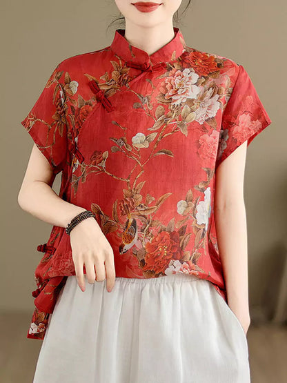 Neue Bluse im chinesischen Stil aus rotem Brokatleinen mit Stehkragen und Froschknöpfen