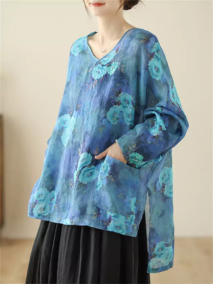 Lässige, langärmelige Ramie-Bluse mit künstlerischem Blumenmuster und V-Ausschnitt für Damen