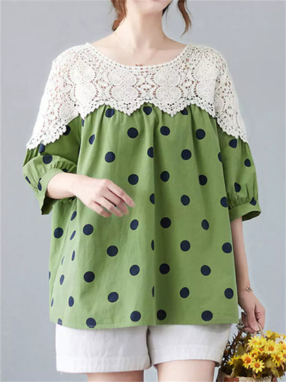 Süße, kurzärmelige Bluse im französischen Stil mit Polka-Dot-Spitzenapplikationen