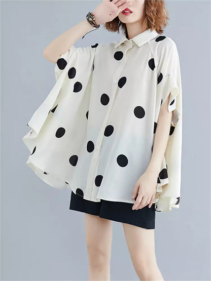 Kurze Chiffonbluse in Übergröße mit Polka-Dots für Damen, kurzärmelig, für Freizeit und Alltag