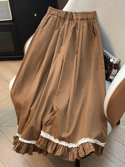 Mori Style Vintage Cotton Ruffle Hem Wide-Leg Cropped Pants for Women