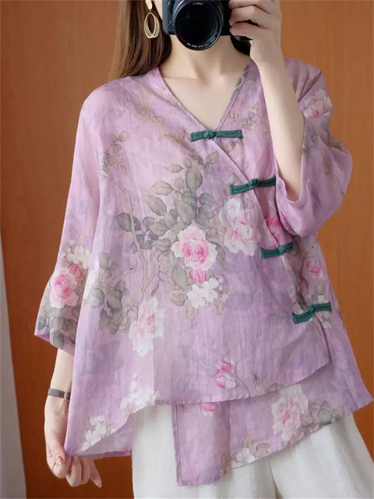 Vintage Chinese Style Floral V-Neck Cotton Linen Asymmetrical Blouse for Women