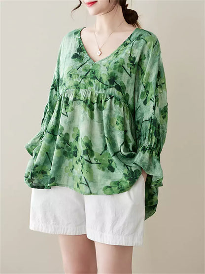 Sommerbluse für Damen aus Leinen mit V-Ausschnitt, Puppenkragen und langen Ärmeln, locker geschnitten, lässig und locker geschnitten