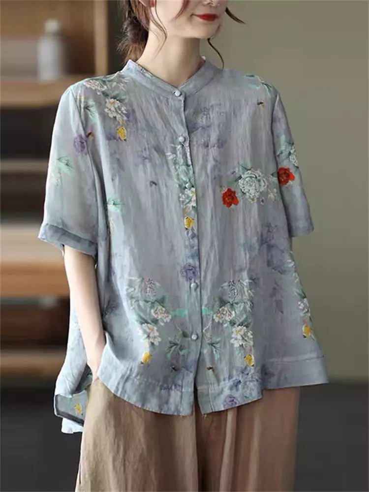 Plus Size Summer Vintage Floral Cotton Linen Blouse for Women Short Sleeve