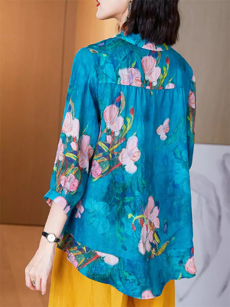 Plus Size High End Blue Floral Print Ramie Shirt for Women 3/4 Sleeve