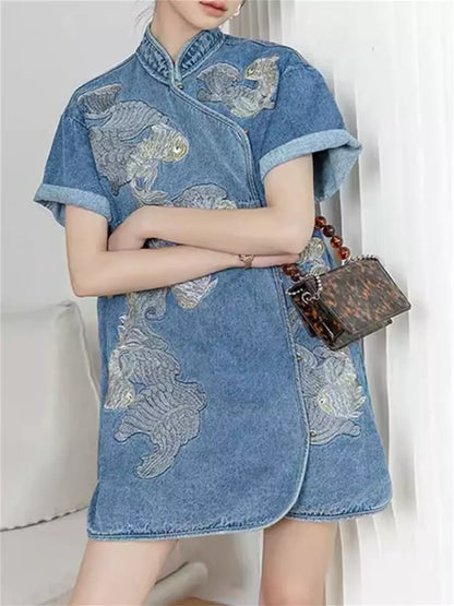 Modern Chinese Style Denim Embroidered Cheongsam with Waist-Cinching Design