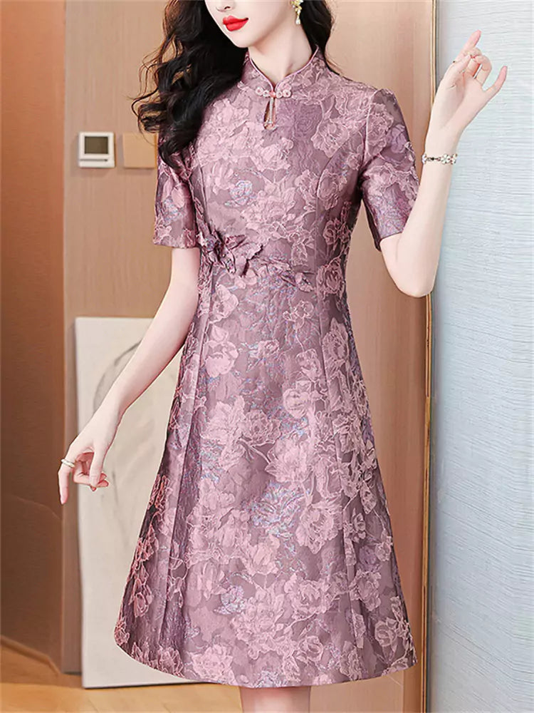 Modern Chinese Style Stand Collar Jacquard Qipao Dress with Waist-Cinching Design