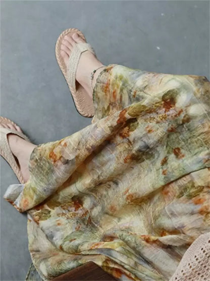 Vintage-Maxirock mit künstlerischem Ölgemälde-Print und fließender A-Linien-Silhouette