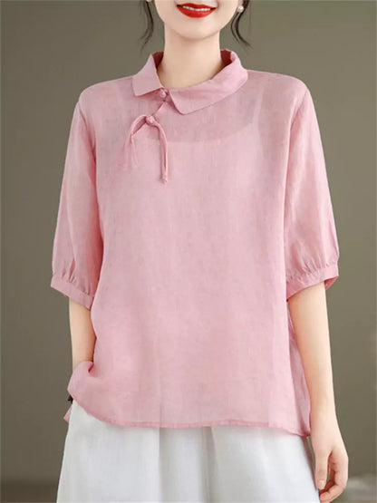 Elegantes Ramie-Hemd im chinesischen Stil für Damen, halblang, mit halben Ärmeln
