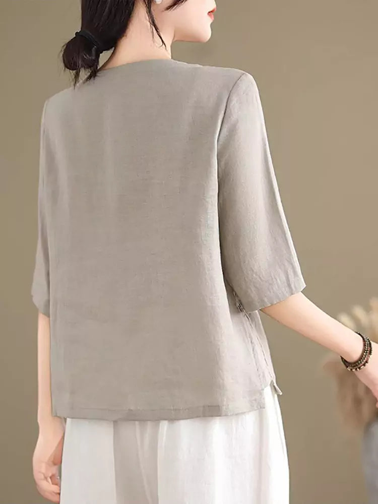 Vintage Chinese Style Short Sleeve Embroidered Linen Blouse for Women with Diagonal Placket and Frog Buttons