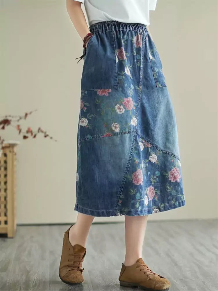 Vintage Loose Casual Printed Patchwork Midi Denim Skirt Elastic Waist