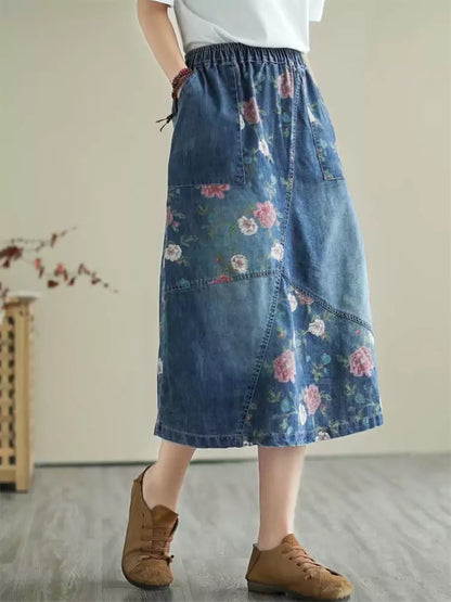 Vintage, lockerer, lässiger Midi-Jeansrock mit Patchwork-Print und elastischem Bund