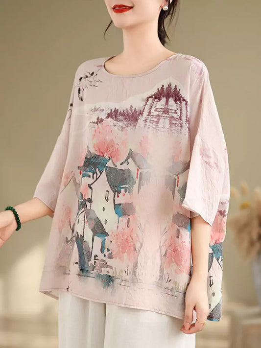 Vintage Artistic Ink Print Loose Fit Batwing Sleeve Blouse for Women