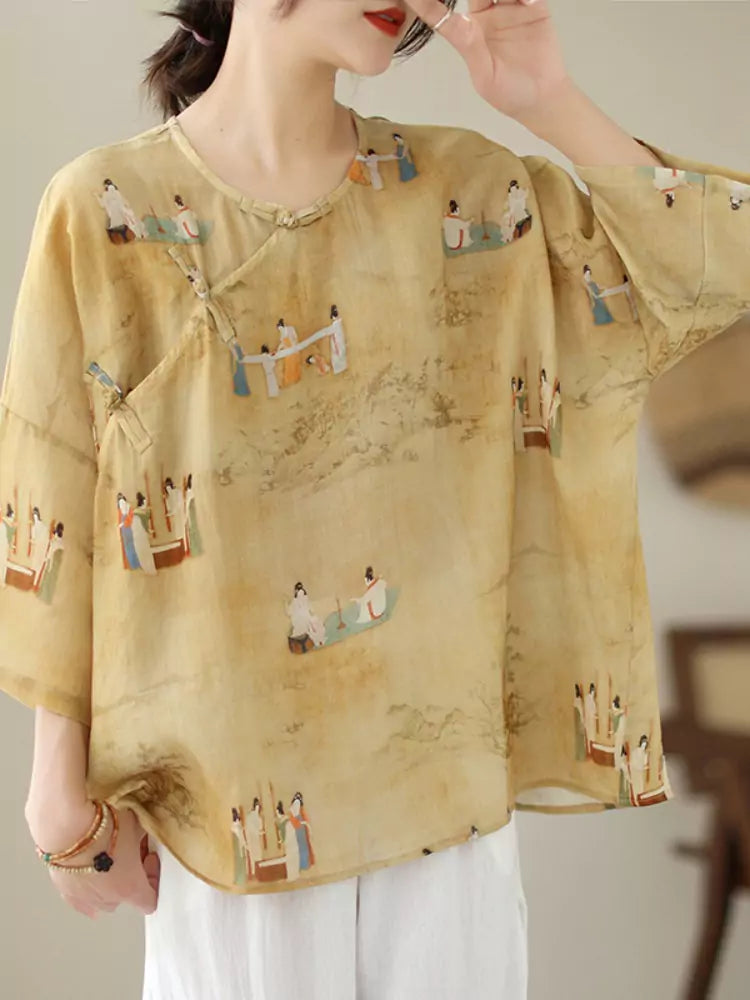 Plus Size Chinese Style Cotton Linen Printed Blouse for Women 3/4 Sleeve with Frog Buttons