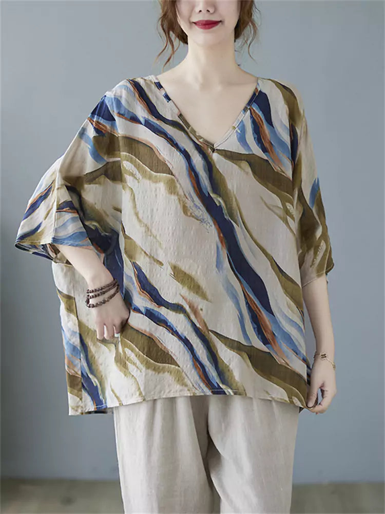 Vintage Floral Print V-Neck Loose Fit Cotton Linen Blouse for Women