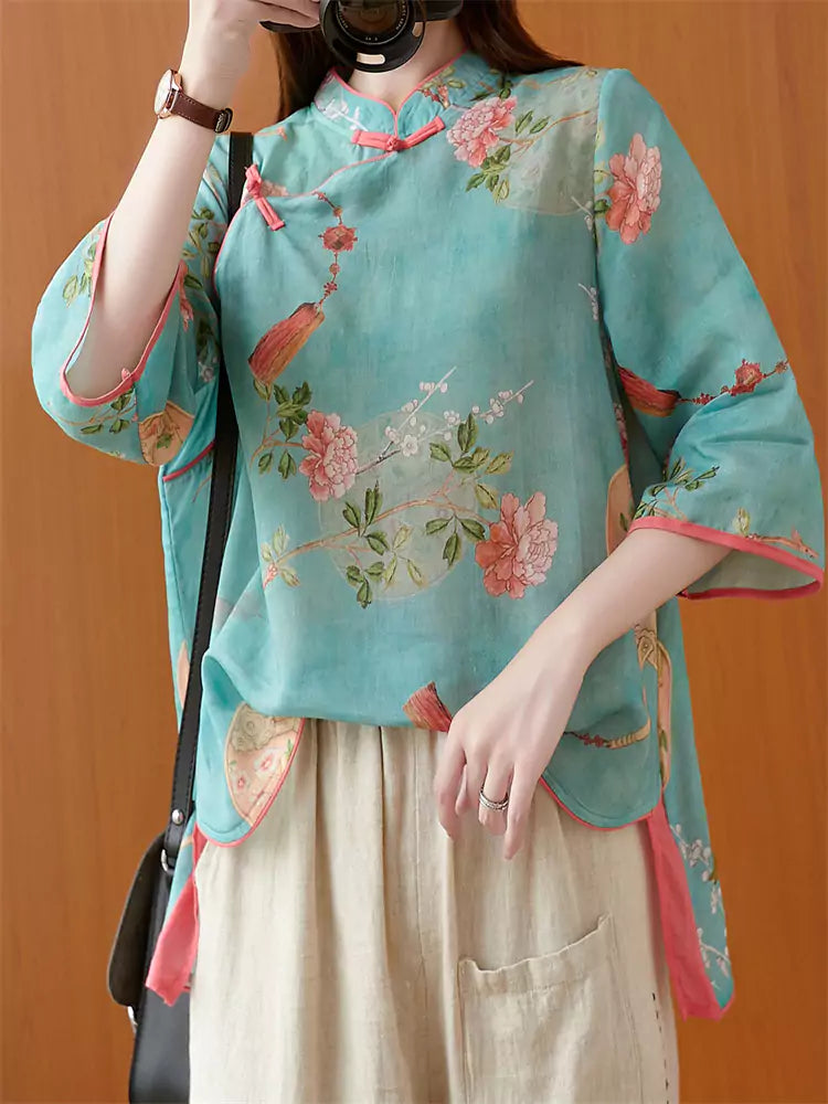 Vintage Plus Size Chinese Style Zen-Inspired Floral Print Ramie Blouse for Women
