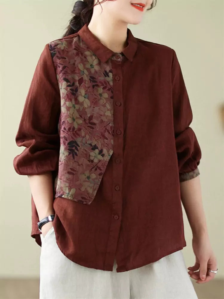 Casual Loose Fit Button Down Cotton Linen Blouse with Printed Patchwork for Women
