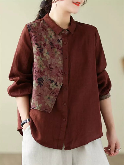 Lässige, locker geschnittene Bluse aus Baumwoll-Leinen-Mischgewebe mit Knopfleiste und bedrucktem Patchwork-Muster für Damen