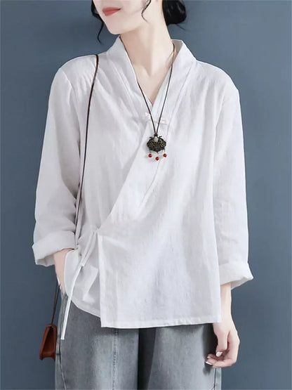 Neue chinesische Baumwoll-Leinen-Bluse im Zen-Stil mit asymmetrischem Knopfverschluss und langen Ärmeln, inspiriert von Zen.