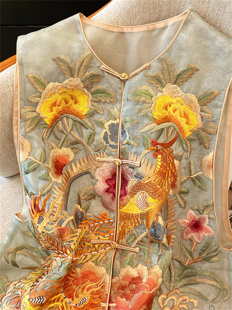 Chinese Style Silk Jacquard Embroidered Women's Vest Round Neck Knot Button