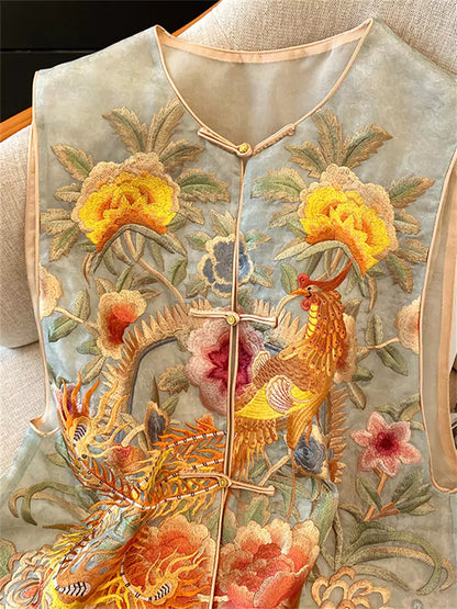 Damenweste im chinesischen Stil aus Seidenjacquard mit Stickerei, Rundhalsausschnitt und Knotenknopfverschluss