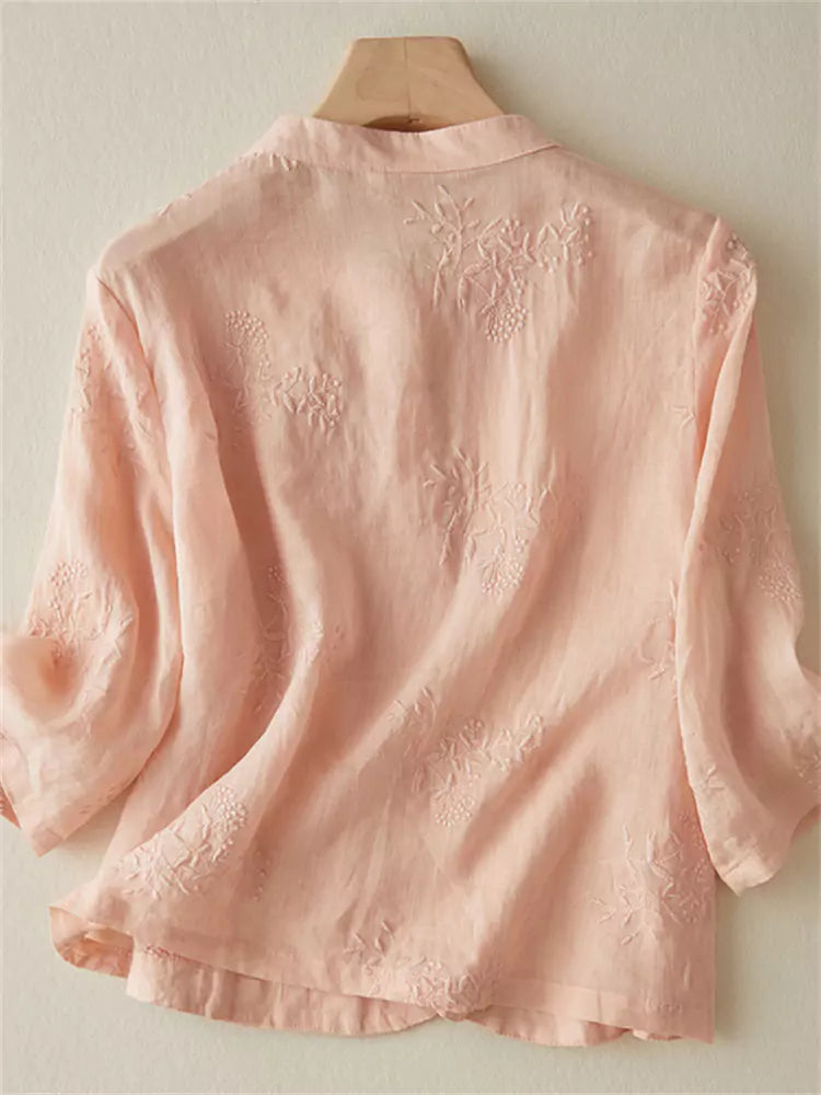 Zen Style Embroidered Cotton Linen Shirt with Knot Buttons (Summer 3/4 Sleeve)