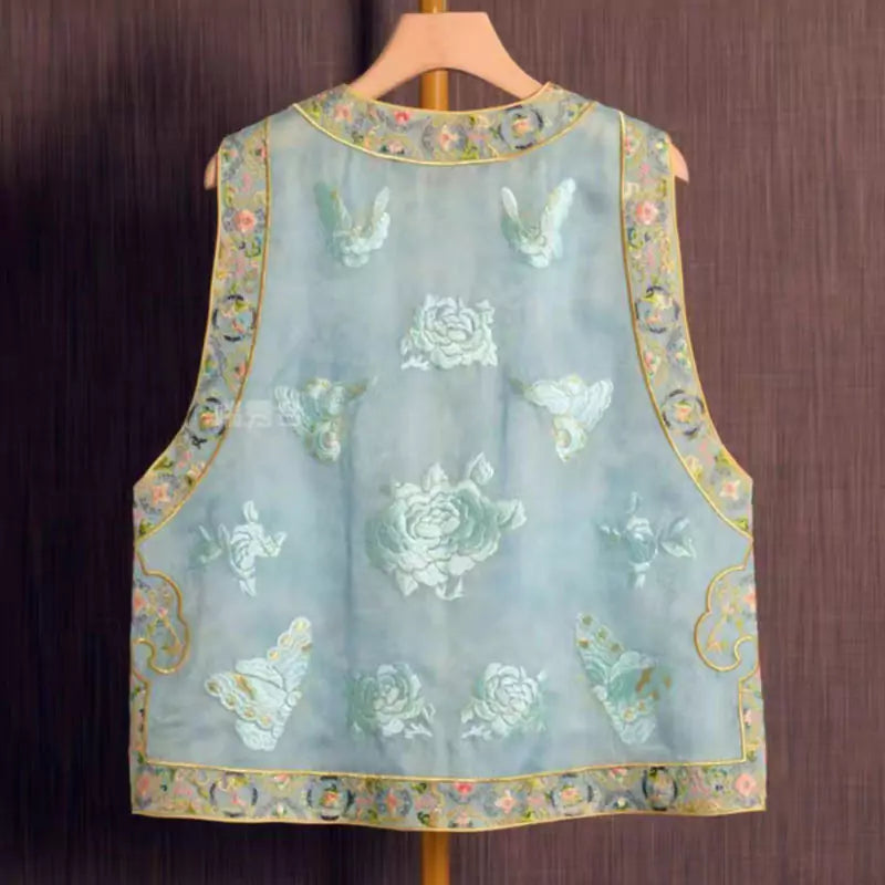 Women's Spring Chinese Style Embroidered Jacquard Vest with Retro Knot Buttons