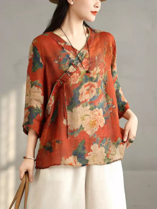 New Chinese Style Printed Oblique Placket Knot Button Linen Blend Blouse V-Neck Half Sleeve