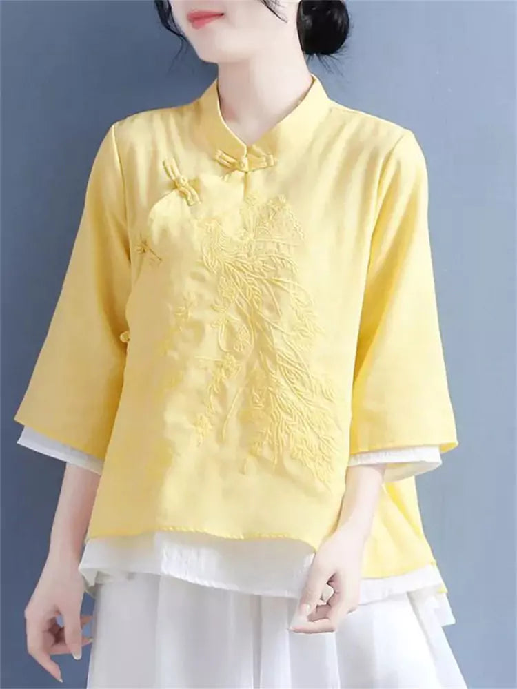 Sommerliche neue Baumwoll-Leinen-Bluse im Zen-Stil mit Stickerei und 3/4-Ärmeln