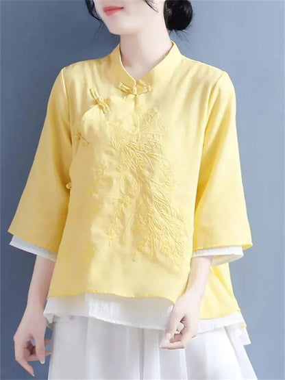Sommerliche neue Baumwoll-Leinen-Bluse im Zen-Stil mit Stickerei und 3/4-Ärmeln