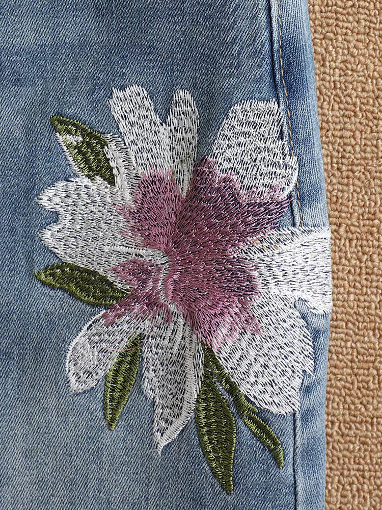 Trendy Embroidered Denim Pencil Skirt with Elastic High-Waist & Back Slit