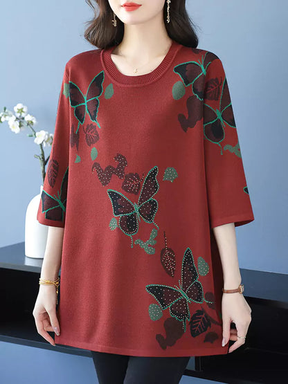 Top de punto estampado con cuello redondo y manga corta para mujer, de talla grande y moderno