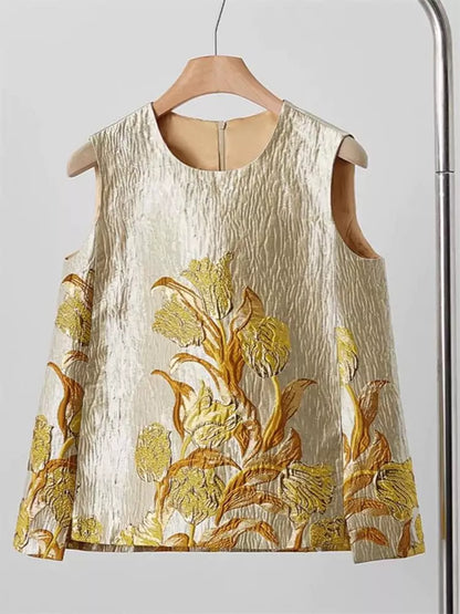 Elegante conjunto de dos piezas de chaleco jacquard dorado y pantalones anchos de estilo chino para mujer.