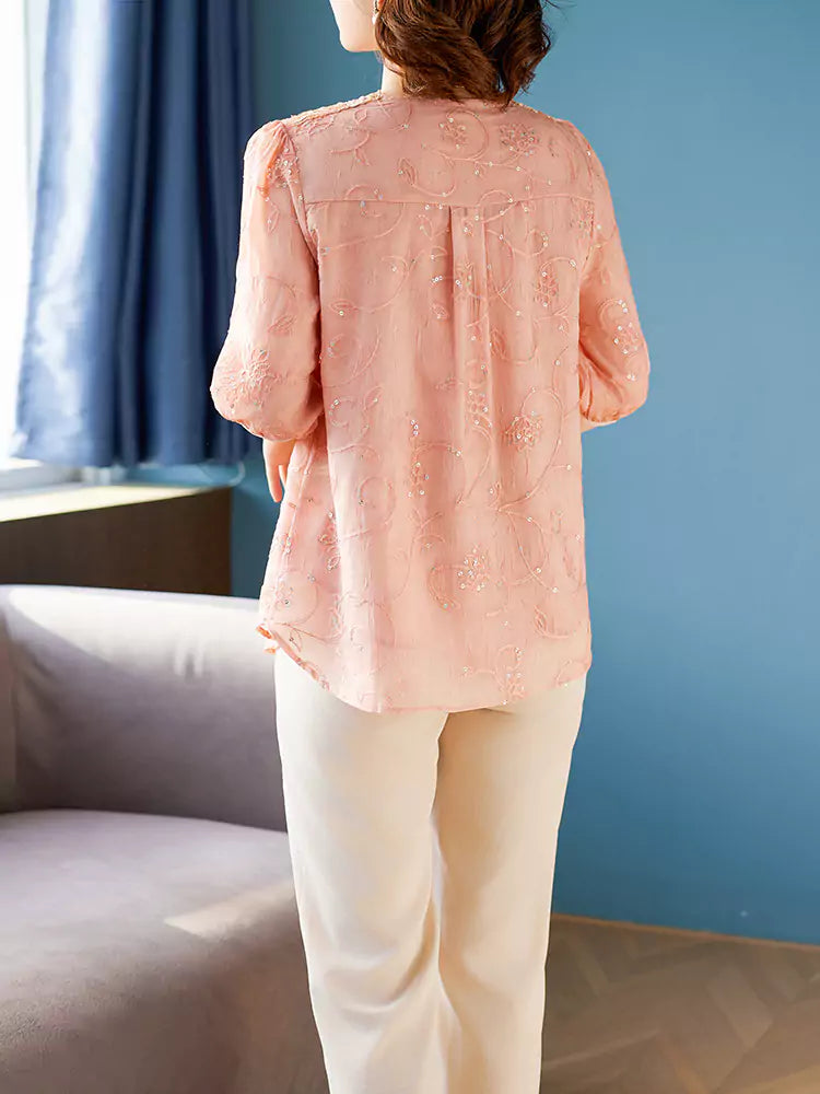 Elegant Half Sleeve Embroidery Lace Floral Chiffon Blouse  for Women