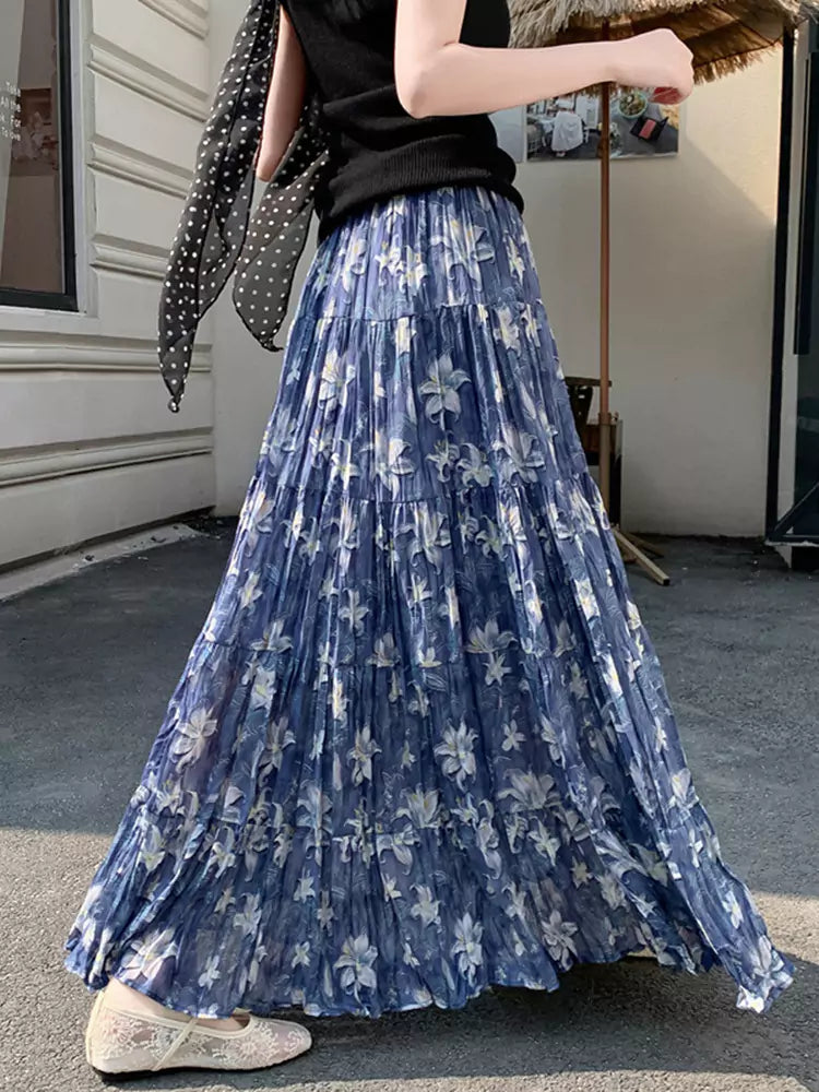 Elegant Pleated Floral Print  A-Line Skirt with Flowing Drape