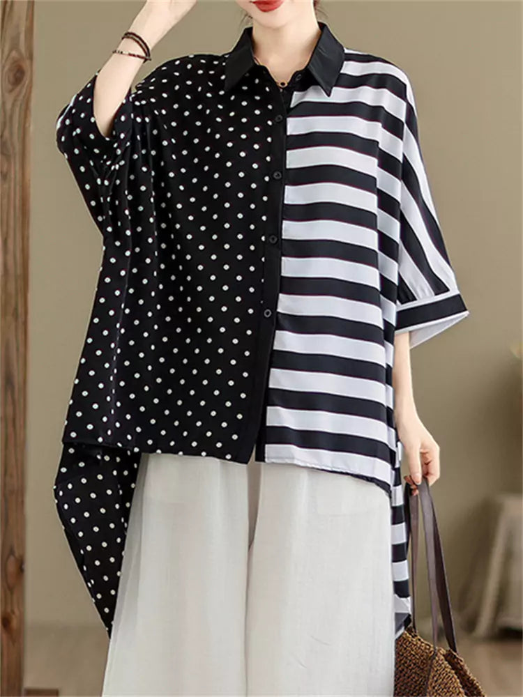 Sommerliches Patchwork-Hemd mit Polka-Dots und Streifen für Damen, Kurzarm, asymmetrischer Saum