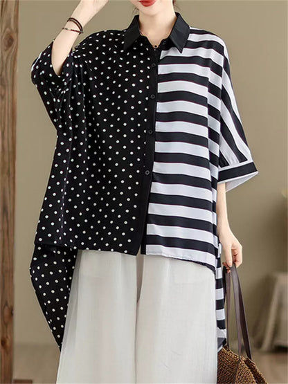 Sommerliches Patchwork-Hemd mit Polka-Dots und Streifen für Damen, Kurzarm, asymmetrischer Saum