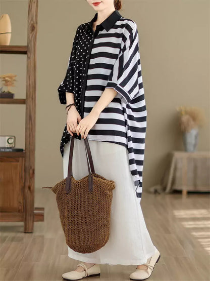 Sommerliches Patchwork-Hemd mit Polka-Dots und Streifen für Damen, Kurzarm, asymmetrischer Saum