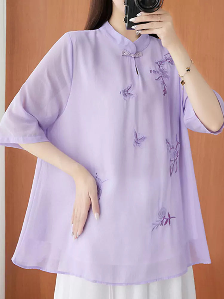 Embroidered Mandarin Collar Casual Tang-Inspired Blouse for Women