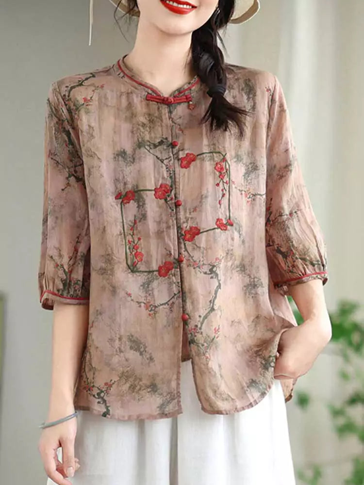 Lightweight Loose Fit Five-Sleeve Chinese Style Ramie Blouse for Women