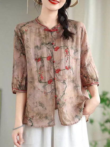 Leichte, locker sitzende Fünf-Ärmel-Bluse aus Ramie im chinesischen Stil für Damen