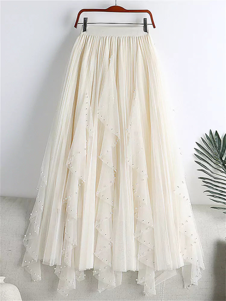 High Waist A-Line Pleated Plus Size Tulle Skirt with Pearl Embellishments