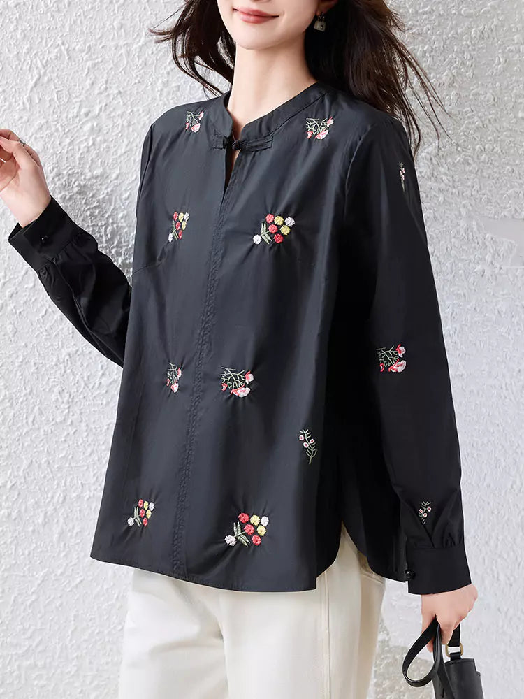 Trendy Embroidered Stand Collar Long Sleeve Blouse for Women with Frog Buttons
