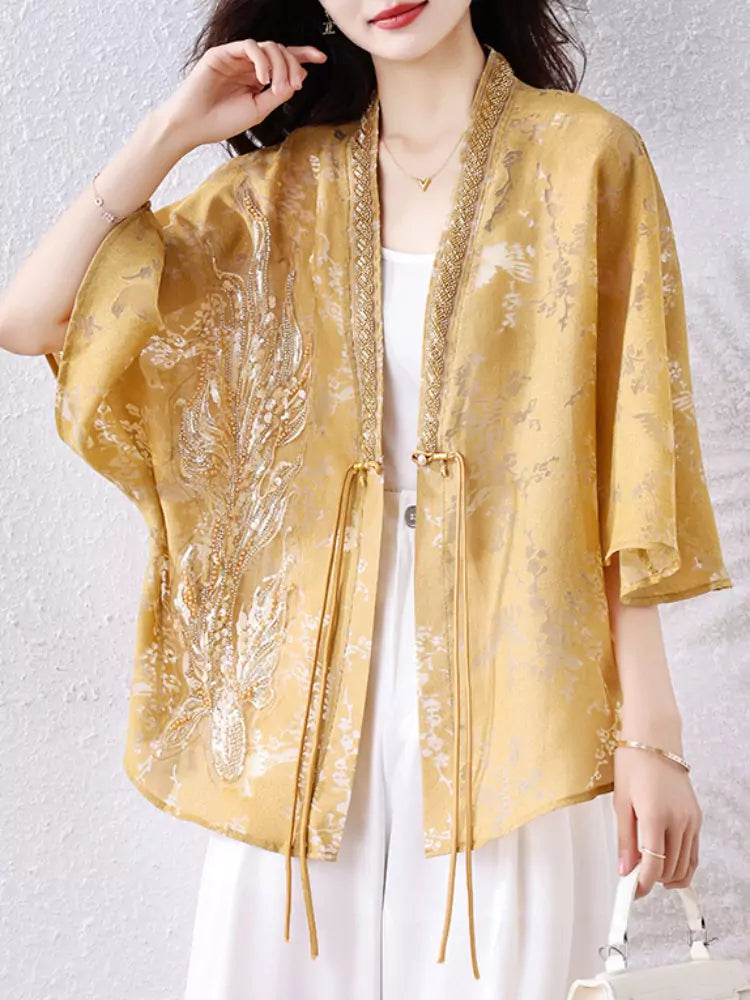 Chinese Style Batwing Sleeve Beaded Jacket for Women