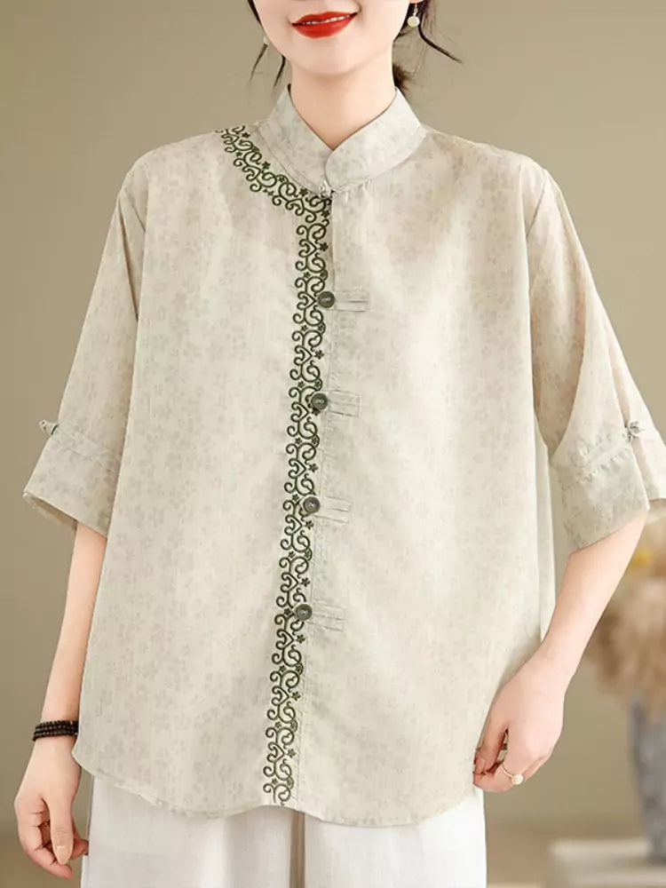 New Chinese Style Embroidered Stand Collar Lightweight Ramie Blouse for Women