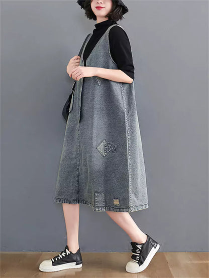 Vintage Loose Fit V-Neck Patchwork Washed Denim Vest Dress for Women